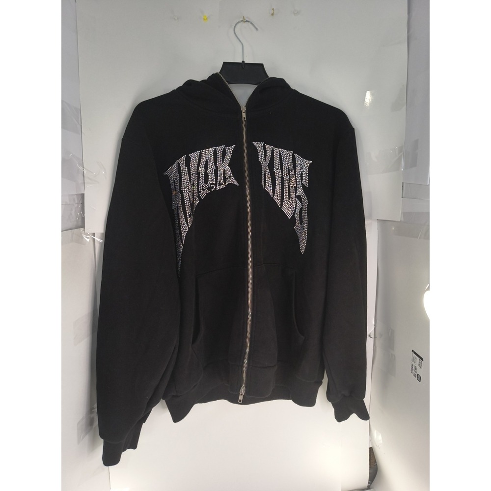 MNML Rhinestone Zip Hoodie Mens M Black Full Zip Streetwear Graphic Sweatshirt